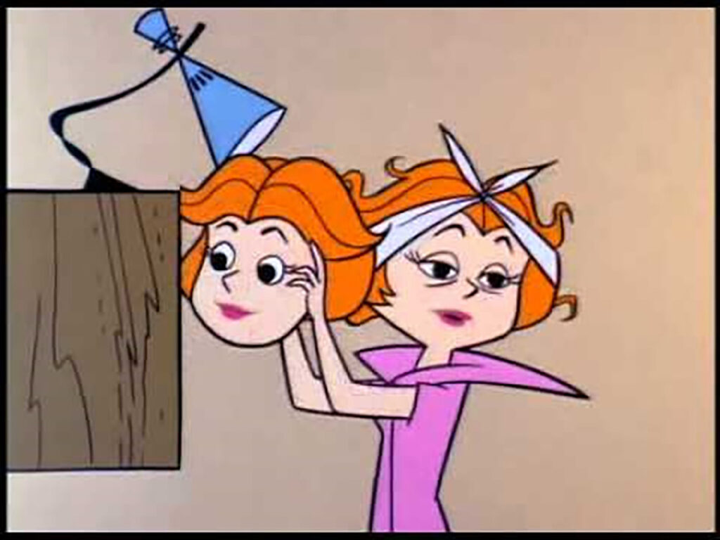 Jane Jetson coping with an early morning video chat by wearing a mask.